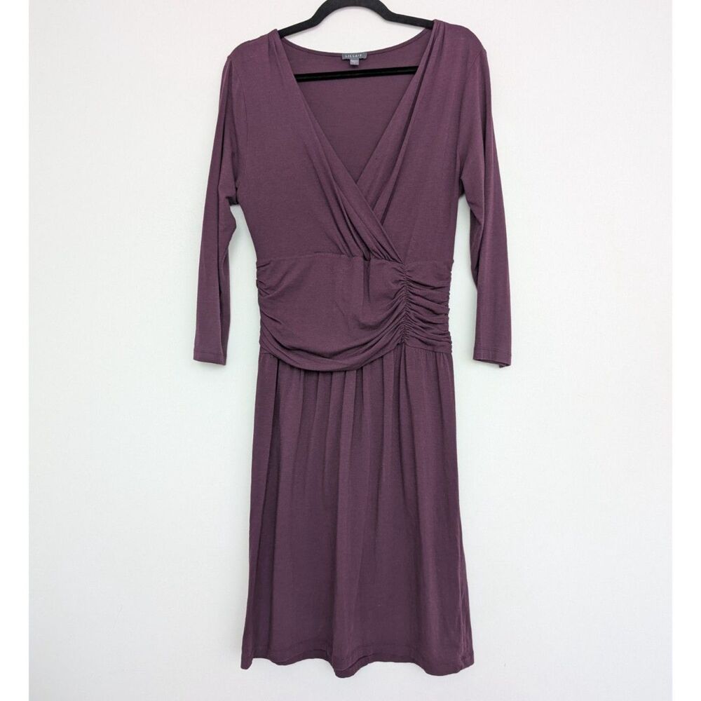 Lilla P Purple Pima Cotton Faux Wrap V Neck Midi Long Sleeve Dress Sz L Dancer